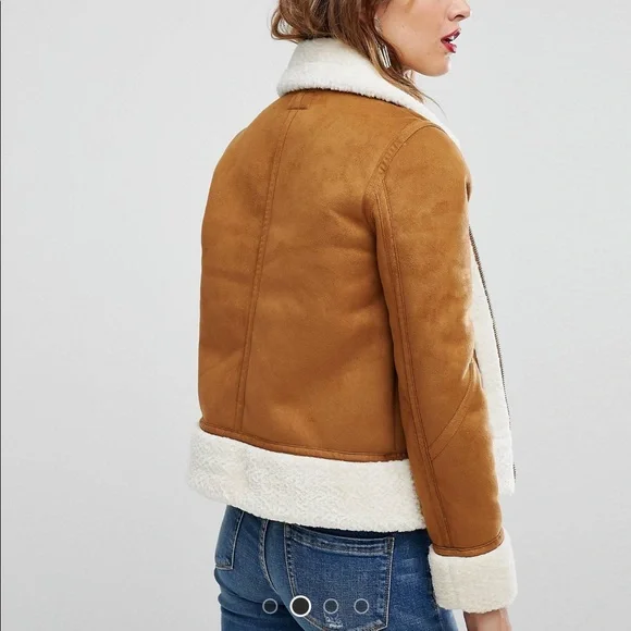 Warehouse Tan Suede Faux Shearling Jacket with Cream Trim - Picture 2 of 10